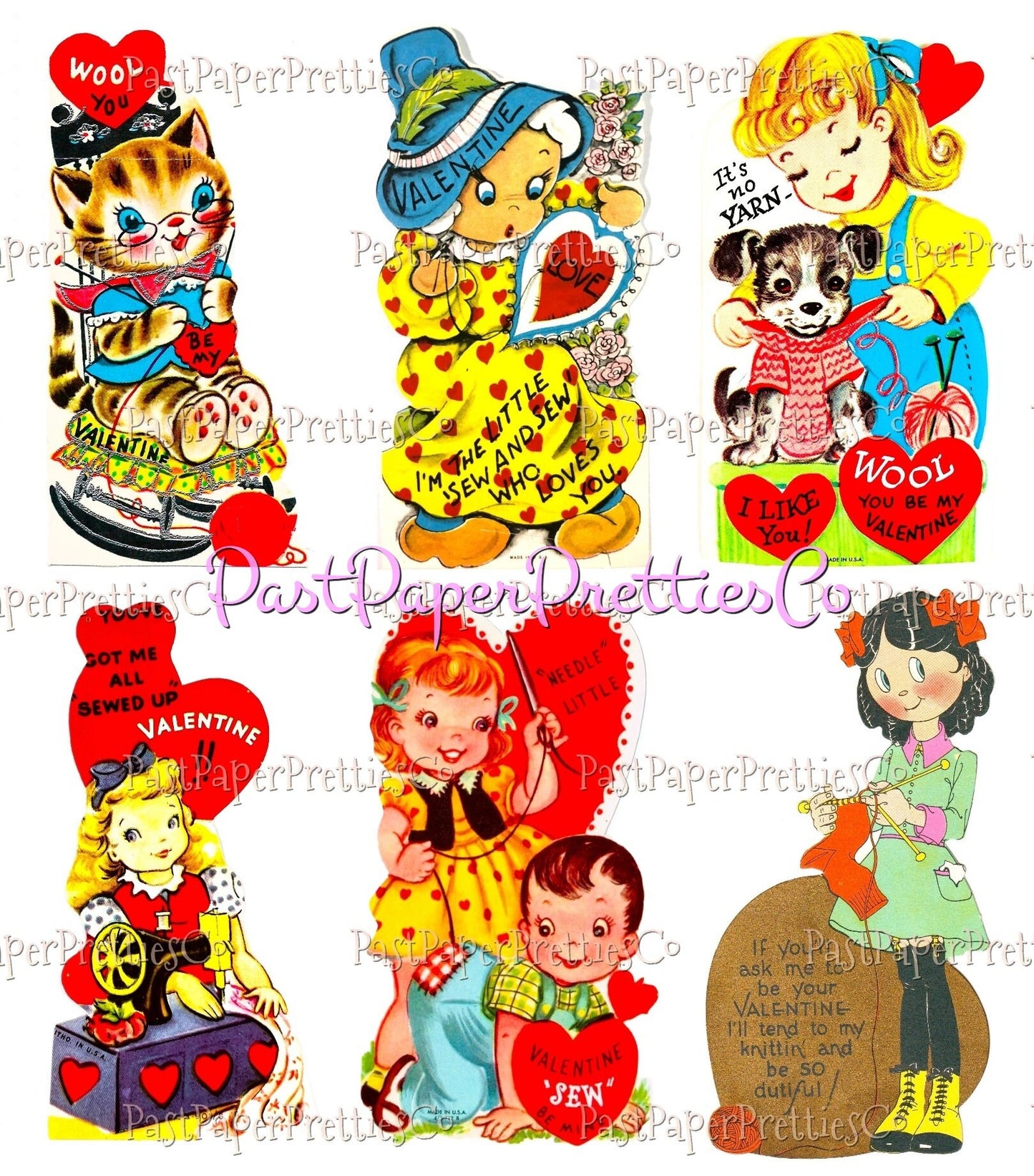 35 Vintage Printable Valentines Day Cards Needlework Cuties Collages PDF Instant Digital Download Knitting Crochet Sewing Quilting Themed