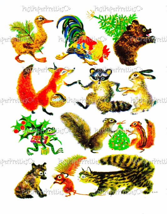 Vintage Printable Christmas Critters Woodland Animal Collage Sheet Card Instant Digital Download Kitsch Forest Friends JPG PNG