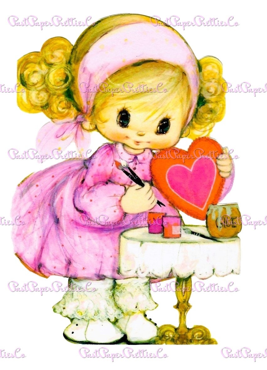 Vintage Printable Valentine Cute Little Girl Making A Card Image 1970s PDF Instant Digital Download Kawaii Clip Art