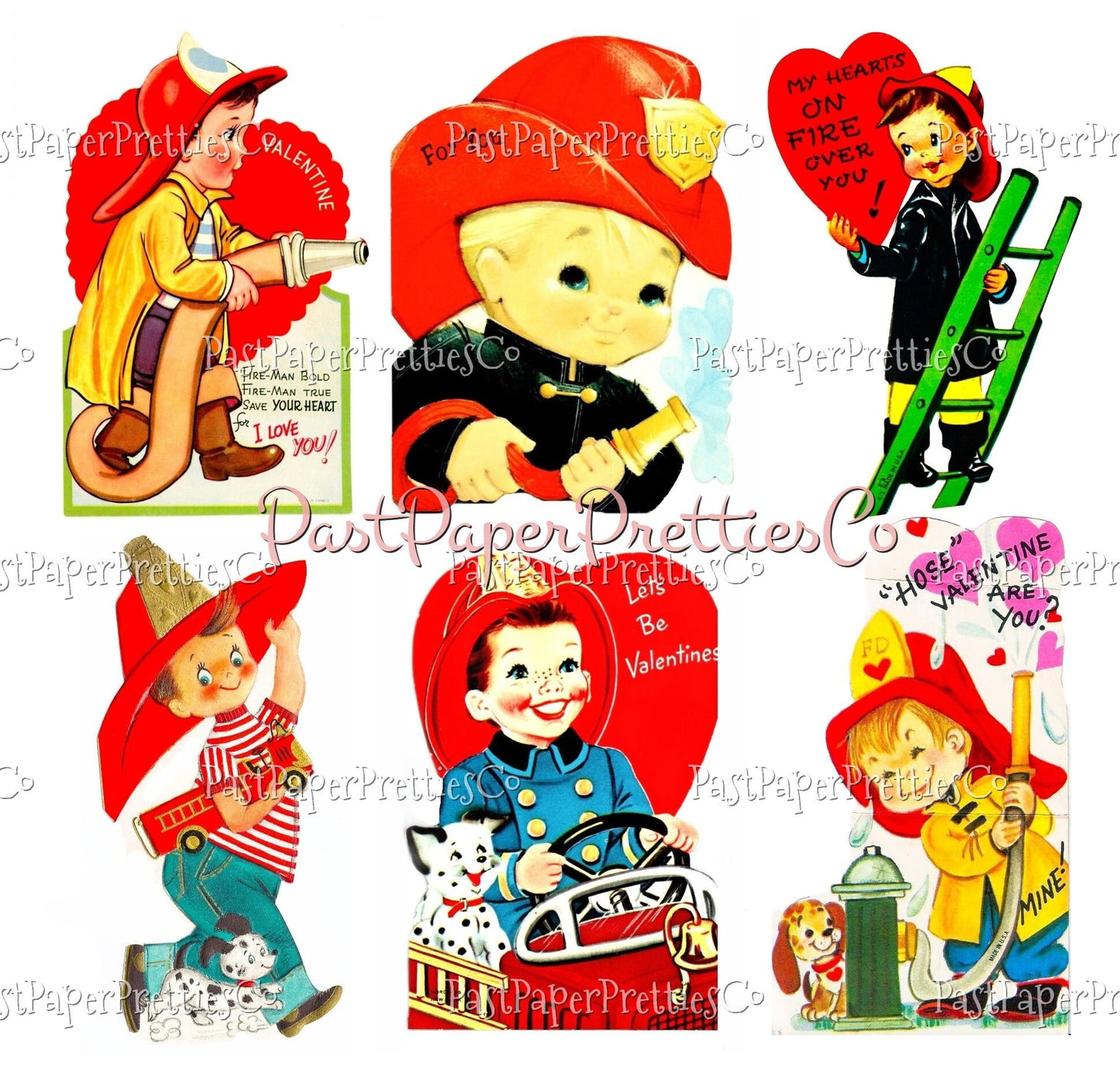 18 Vintage Firefighter Valentines Day Cards All Fireman Themed Collage Sheets & Single Images Printable PDF Instant Digital Download