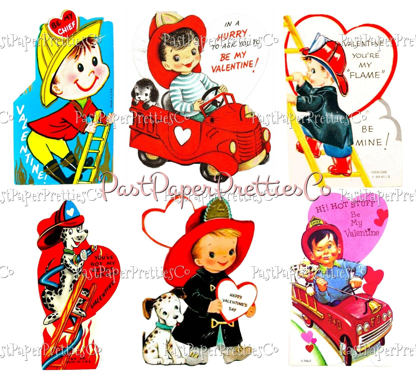 18 Vintage Firefighter Valentines Day Cards All Fireman Themed Collage Sheets & Single Images Printable PDF Instant Digital Download