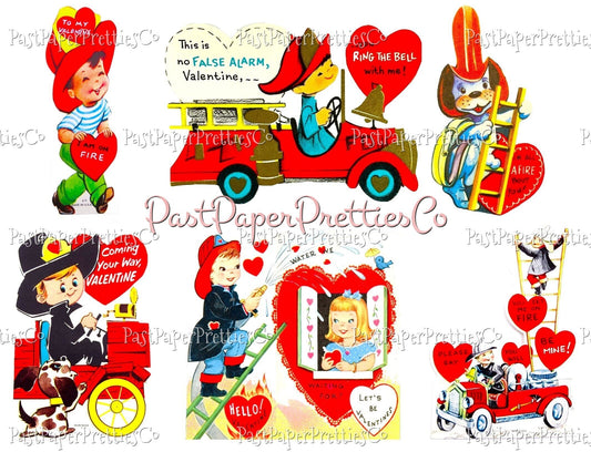 18 Vintage Firefighter Valentines Day Cards All Fireman Themed Collage Sheets & Single Images Printable PDF Instant Digital Download