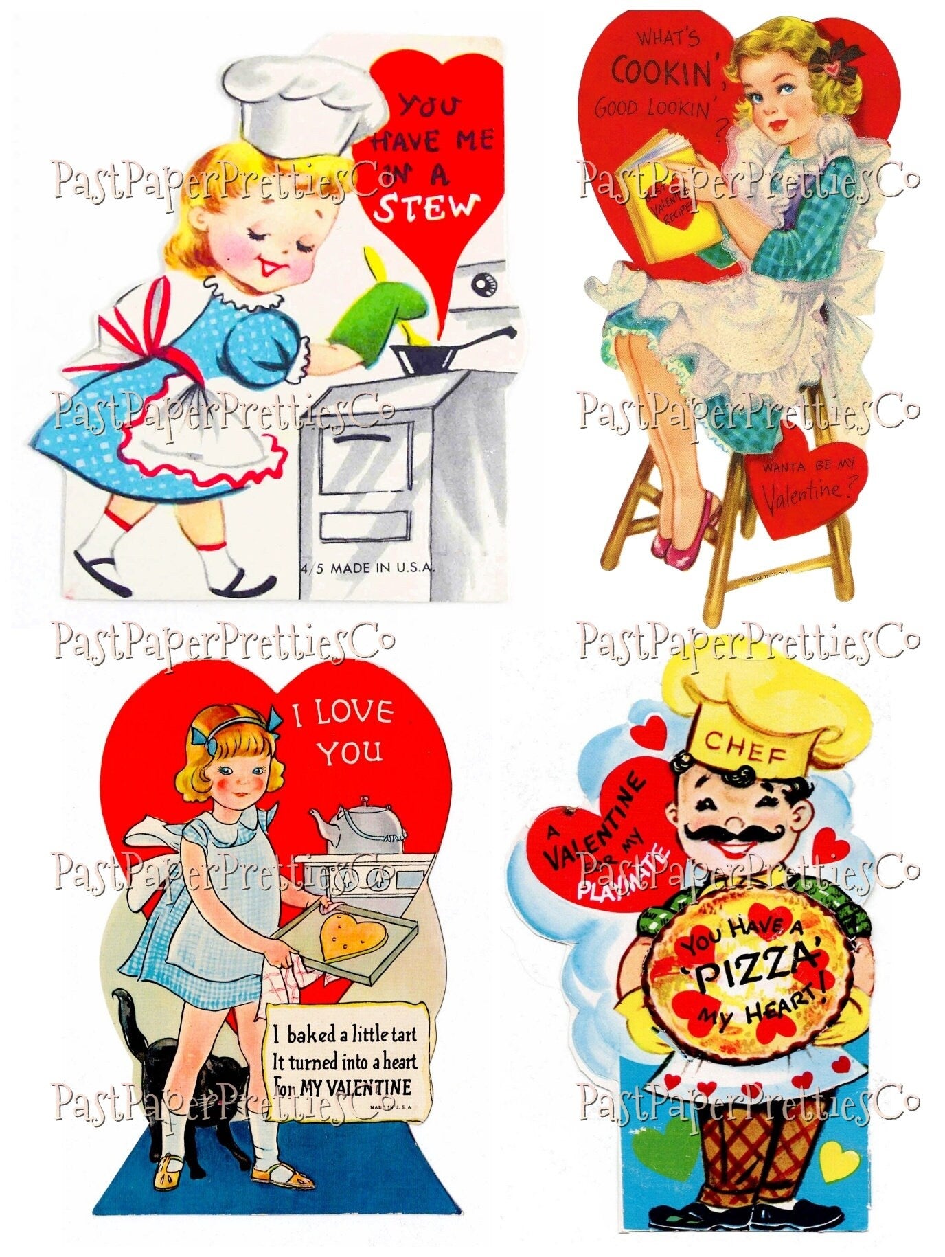 48 Vintage Cooking Valentines Day Cards Cute Chefs Bakers Baking Collage Sheets Printable PDF Instant Digital Download Retro Kitchen Themed