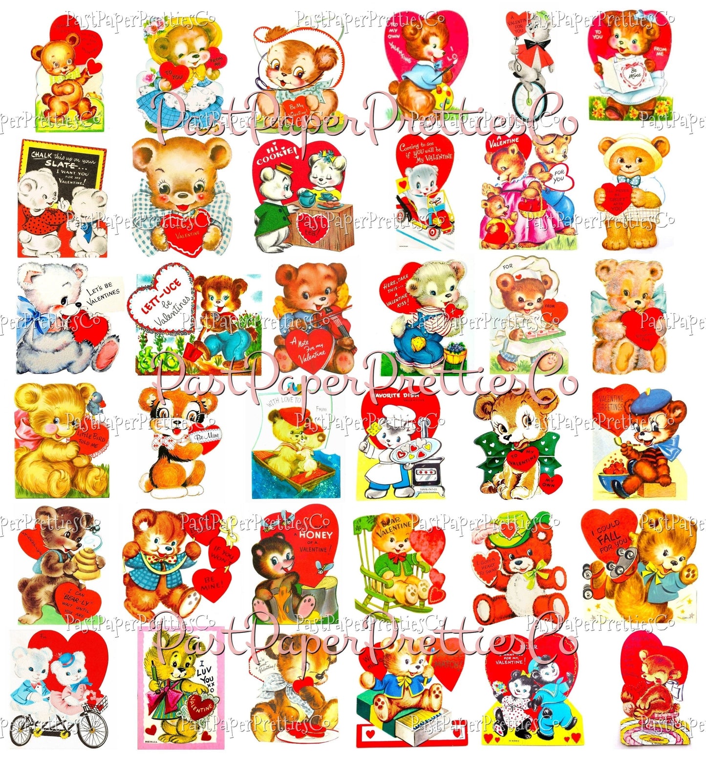 72 Vintage Teddy Bear Valentines Day Cards All Teddies Animal Themed Collage Sheets Printable PDF Instant Digital Download 2 Sizes