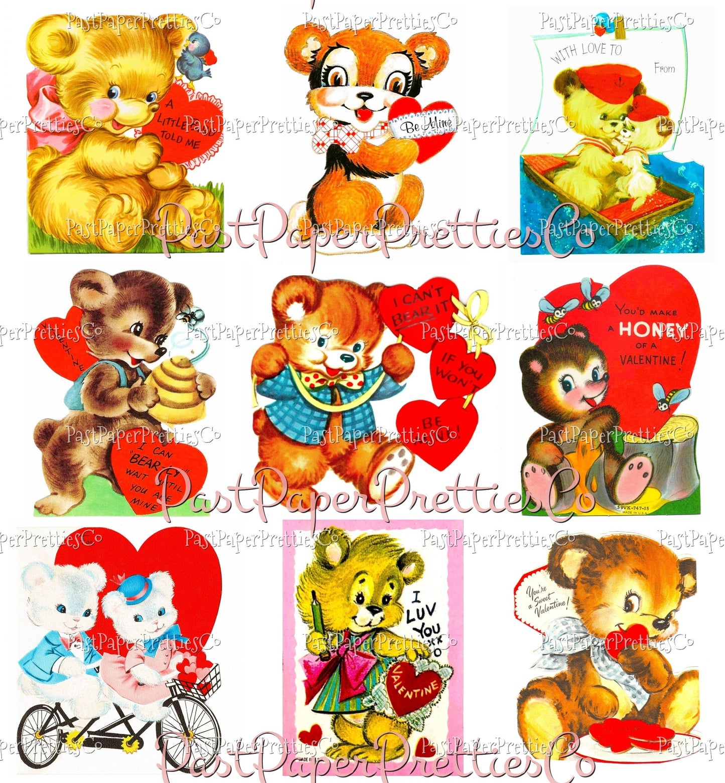 72 Vintage Teddy Bear Valentines Day Cards All Teddies Animal Themed Collage Sheets Printable PDF Instant Digital Download 2 Sizes