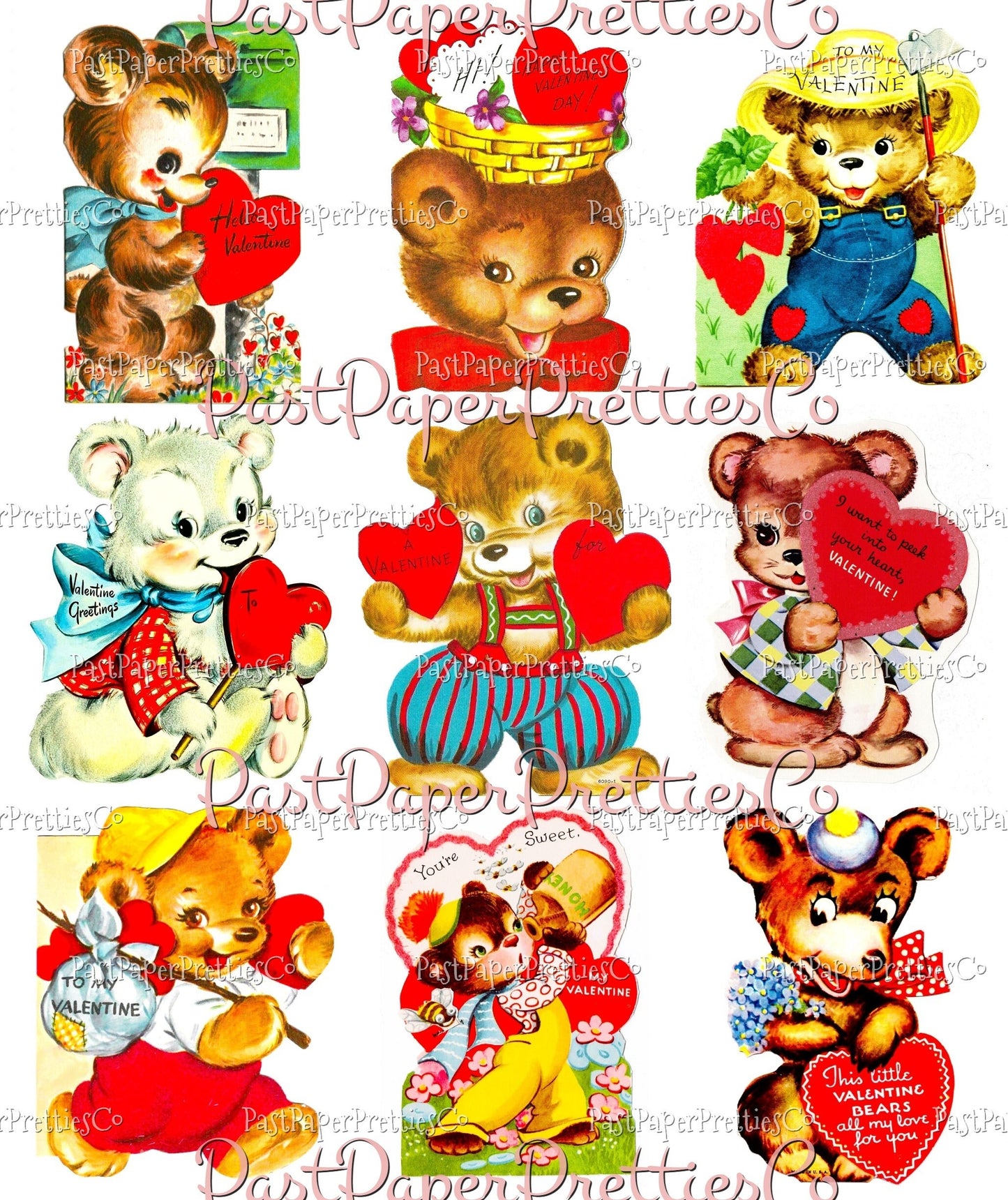 72 Vintage Teddy Bear Valentines Day Cards All Teddies Animal Themed Collage Sheets Printable PDF Instant Digital Download 2 Sizes