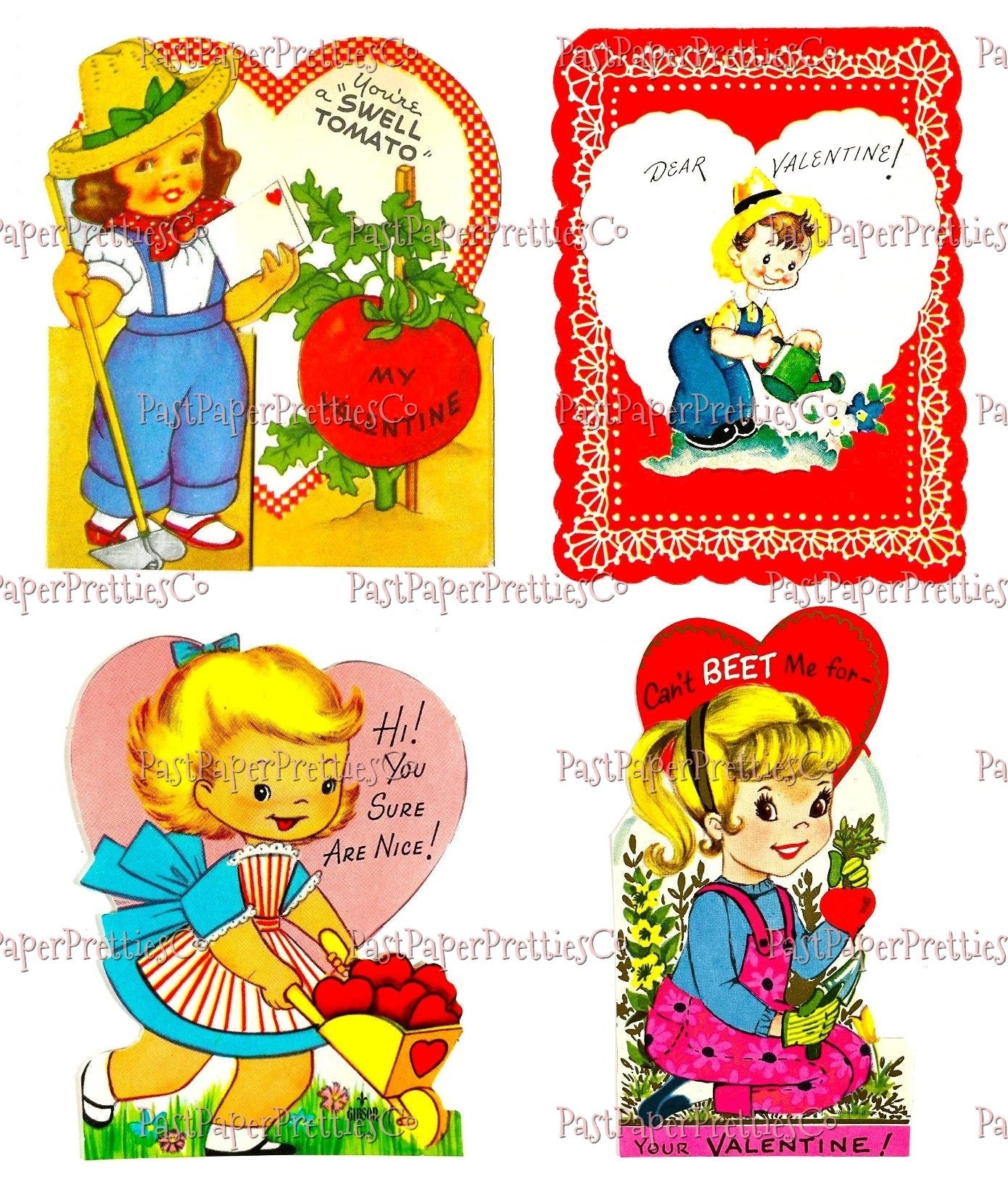 Vintage Printable Valentines Day Cards 16 Cute Little Gardening Girls Boys Animals Collage Sheets PDF Instant Digital Download Garden Themed