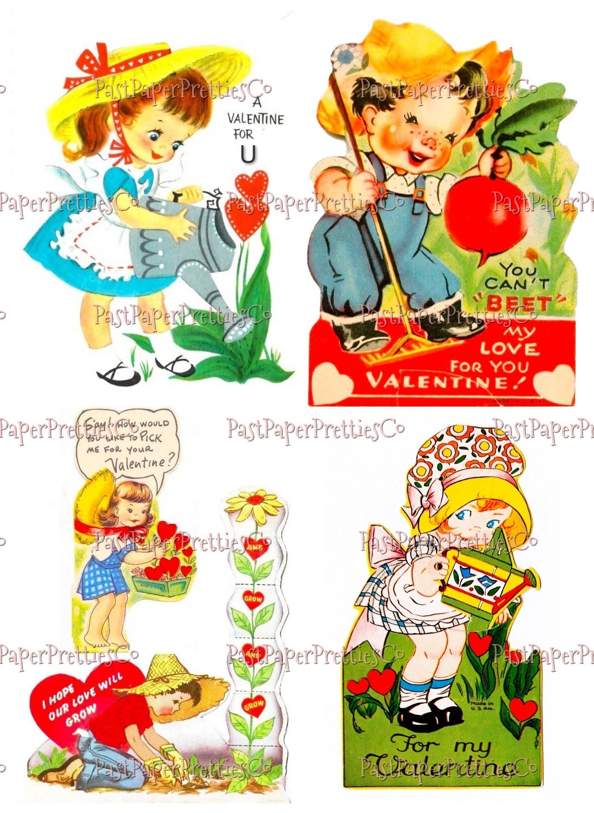 Vintage Printable Valentines Day Cards 16 Cute Little Gardening Girls Boys Animals Collage Sheets PDF Instant Digital Download Garden Themed