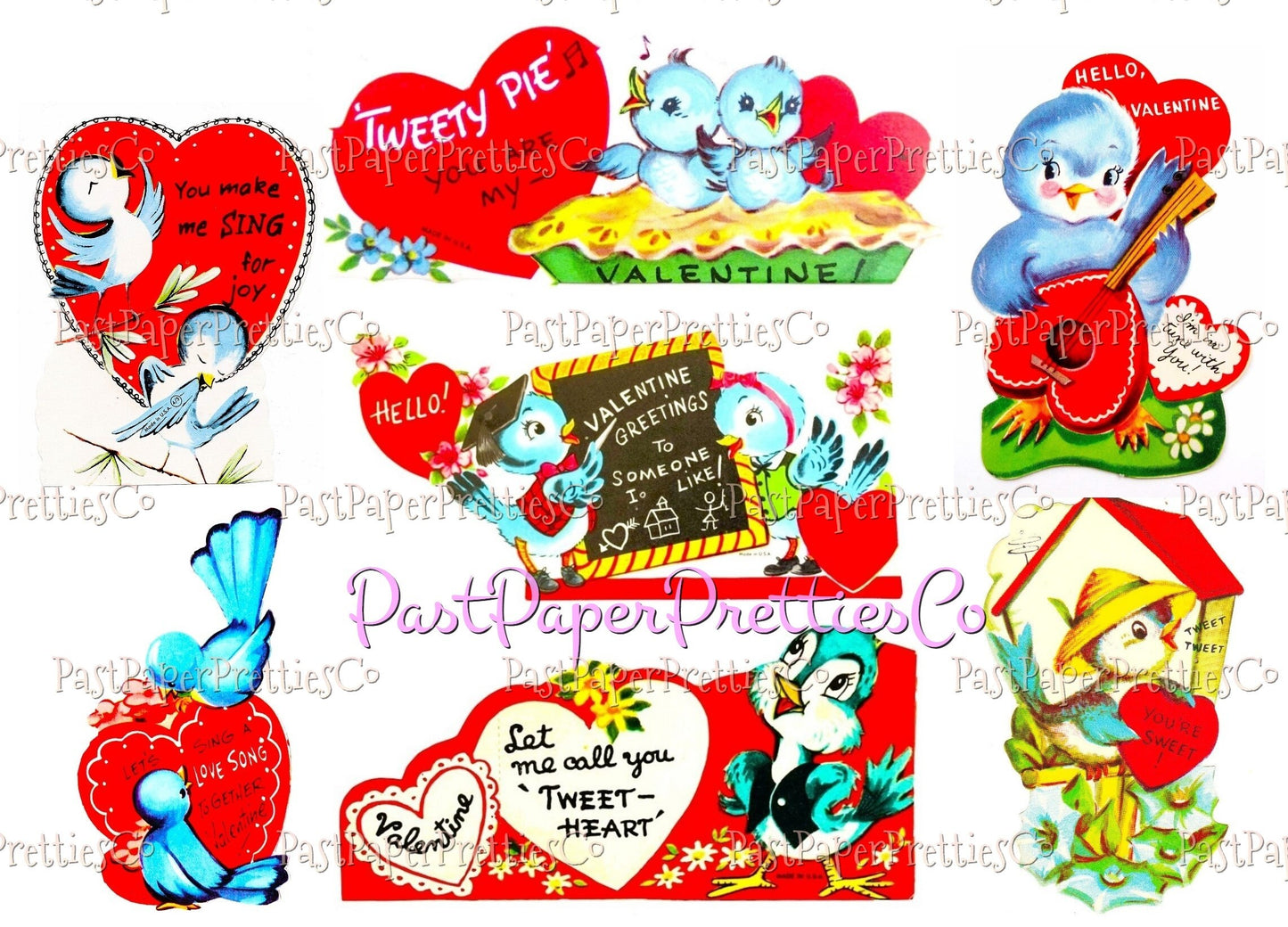 Vintage Pretty Bluebirds Valentines Day Cards ALL Blue Bird Themed Collage Sheets Printable PDF Instant Digital Download Cute Birdie Clipart