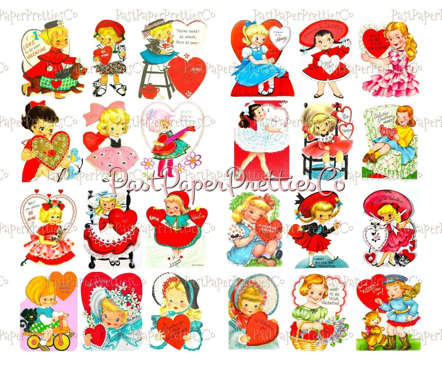 48 Vintage Cute Girly Girls Valentines Day Cards Retro Collage Sheets Printable PDF Instant Digital Download ALL Sweet Little Ladies Clipart