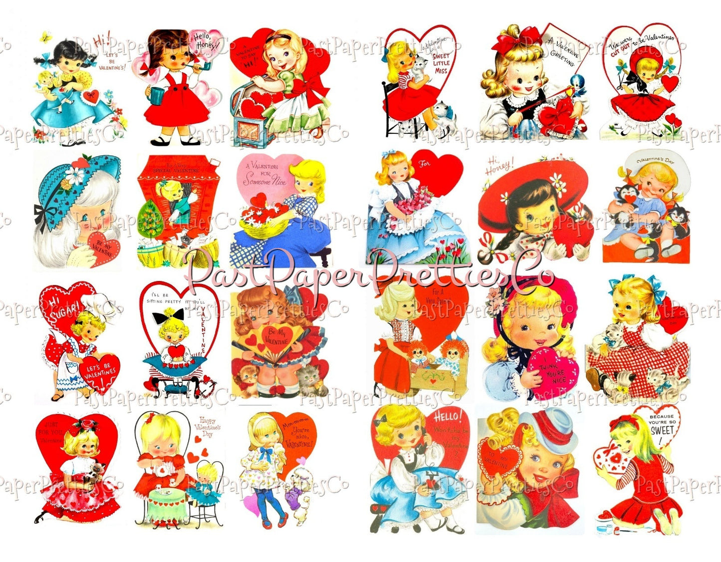 48 Vintage Cute Girly Girls Valentines Day Cards Retro Collage Sheets Printable PDF Instant Digital Download ALL Sweet Little Ladies Clipart