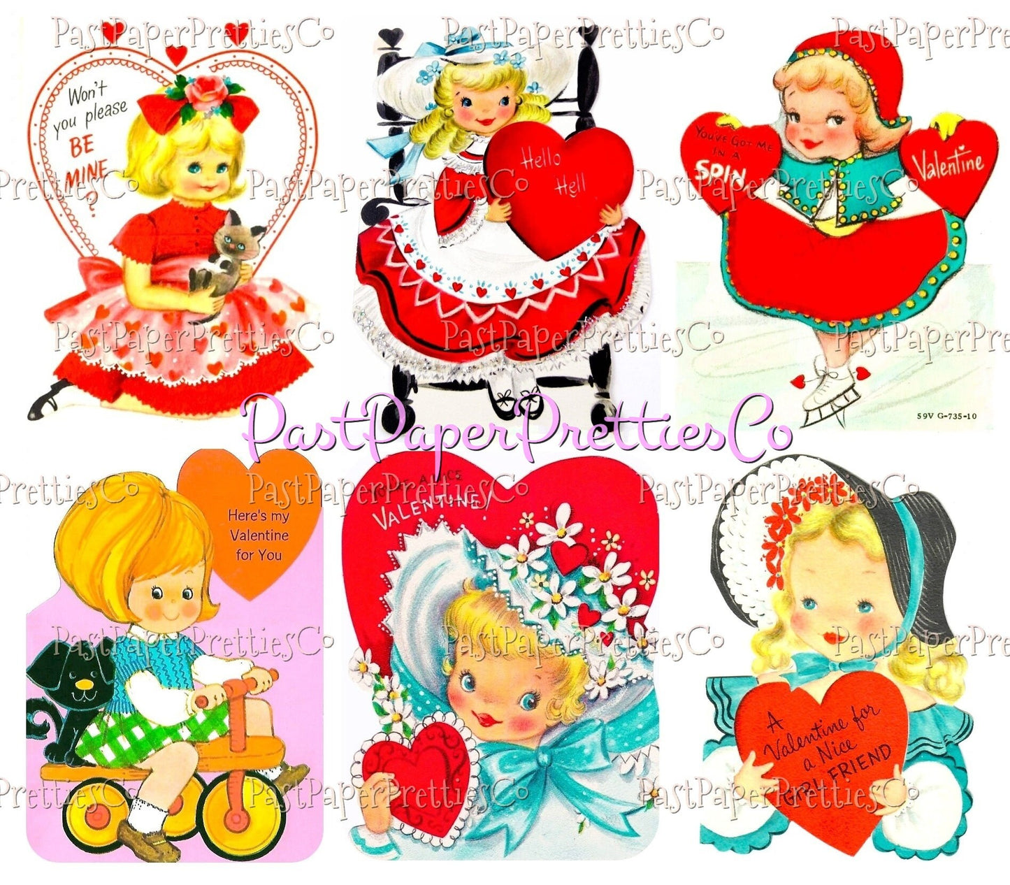 48 Vintage Cute Girly Girls Valentines Day Cards Retro Collage Sheets Printable PDF Instant Digital Download ALL Sweet Little Ladies Clipart