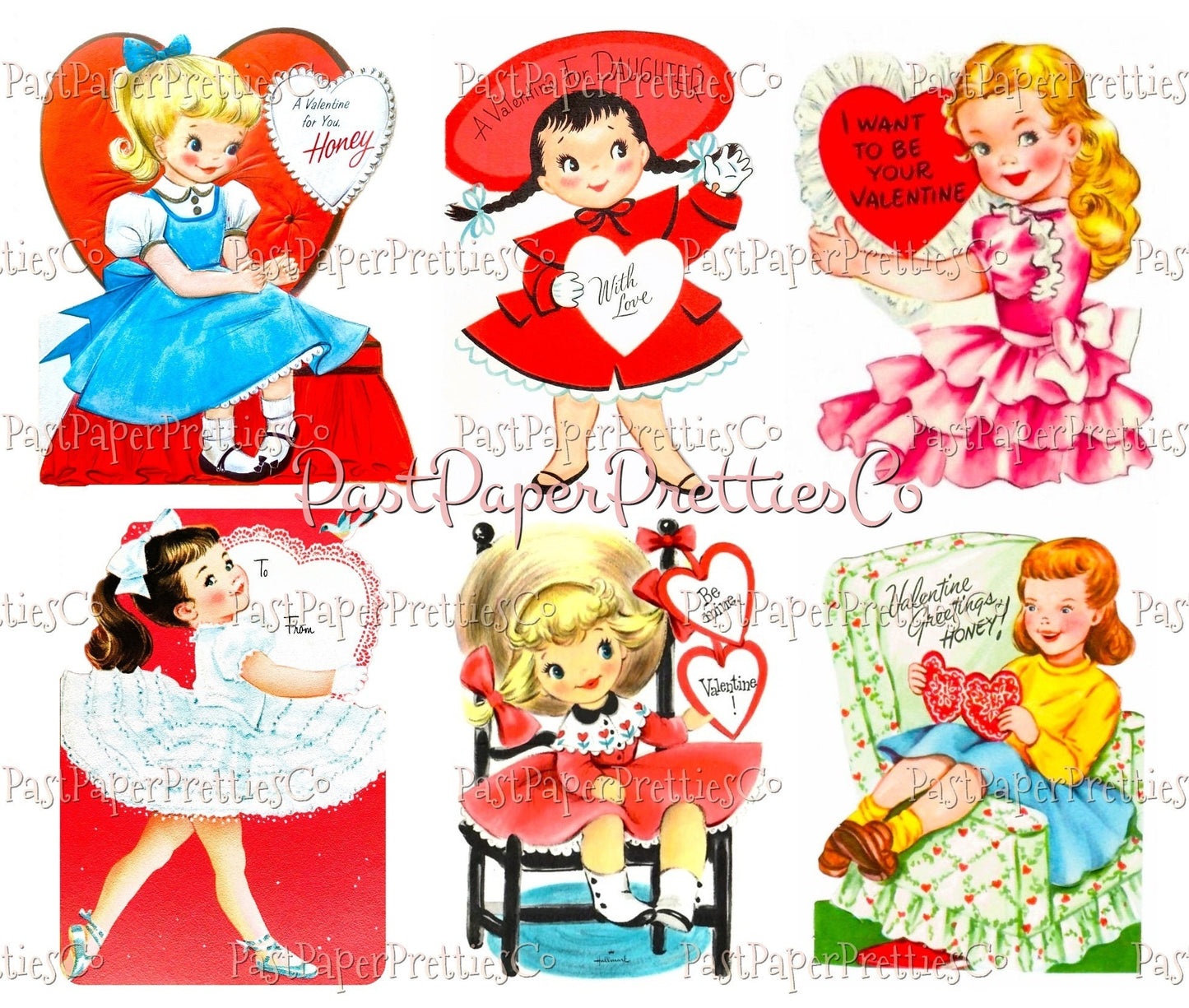 48 Vintage Cute Girly Girls Valentines Day Cards Retro Collage Sheets Printable PDF Instant Digital Download ALL Sweet Little Ladies Clipart