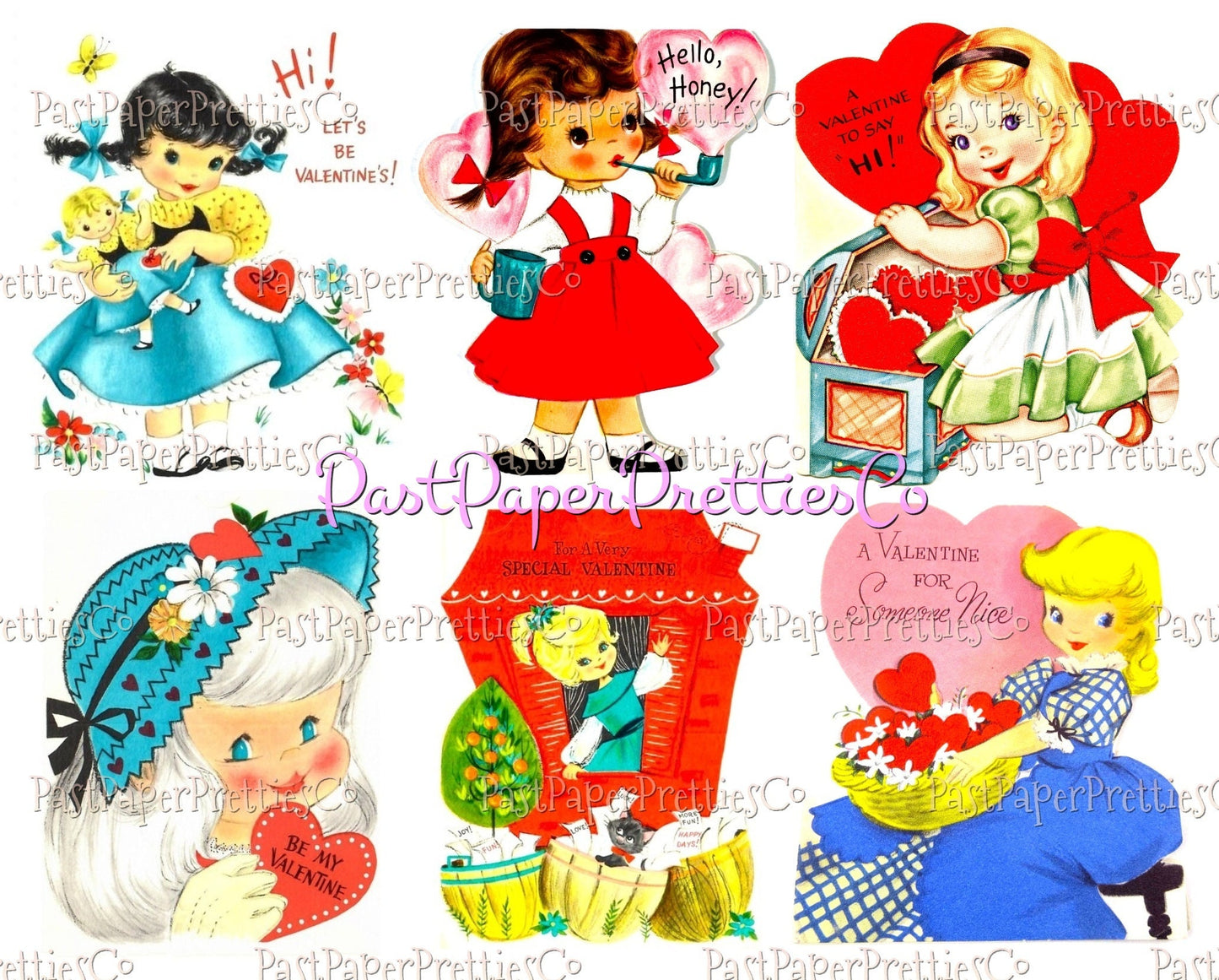 48 Vintage Cute Girly Girls Valentines Day Cards Retro Collage Sheets Printable PDF Instant Digital Download ALL Sweet Little Ladies Clipart