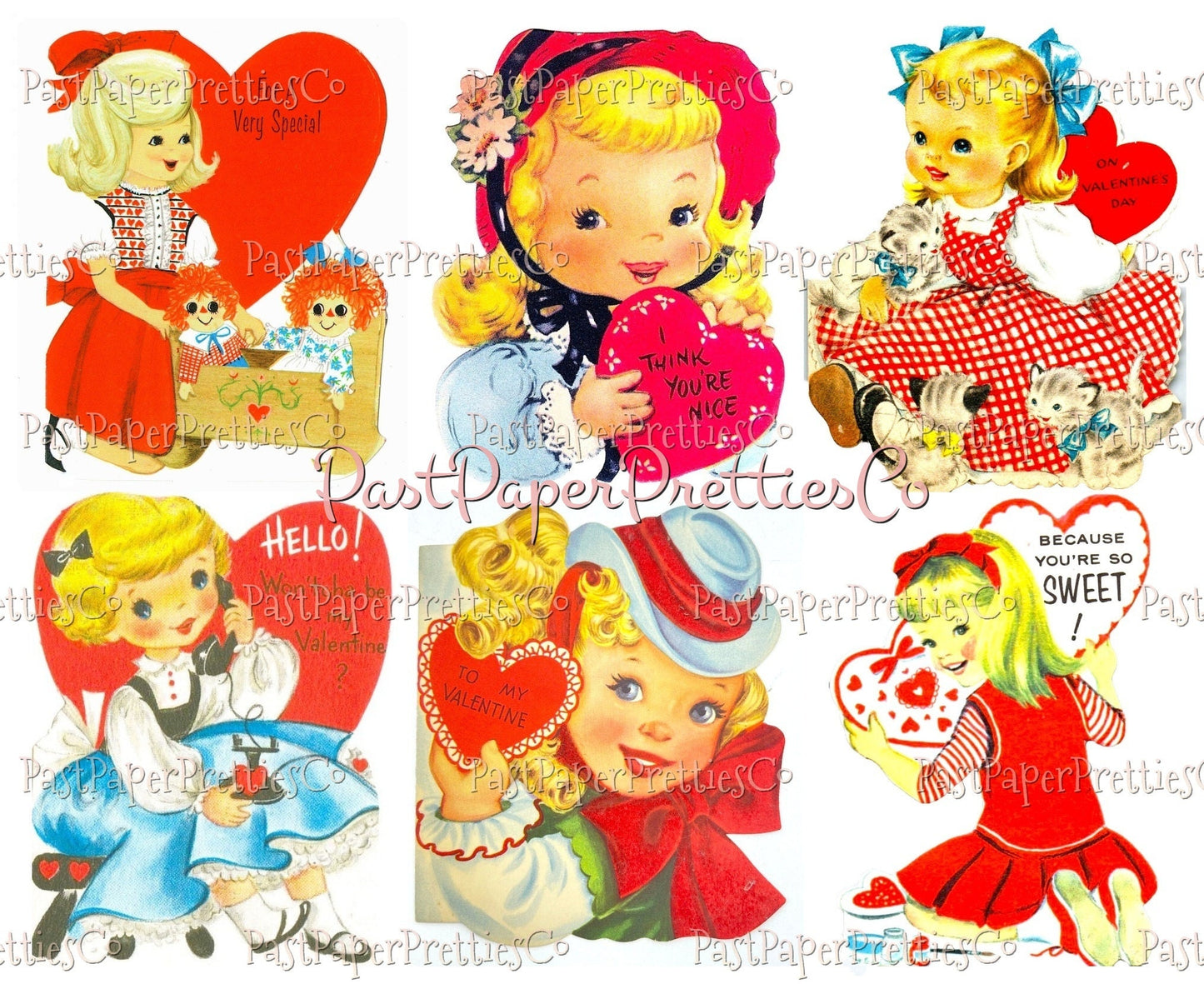 48 Vintage Cute Girly Girls Valentines Day Cards Retro Collage Sheets Printable PDF Instant Digital Download ALL Sweet Little Ladies Clipart