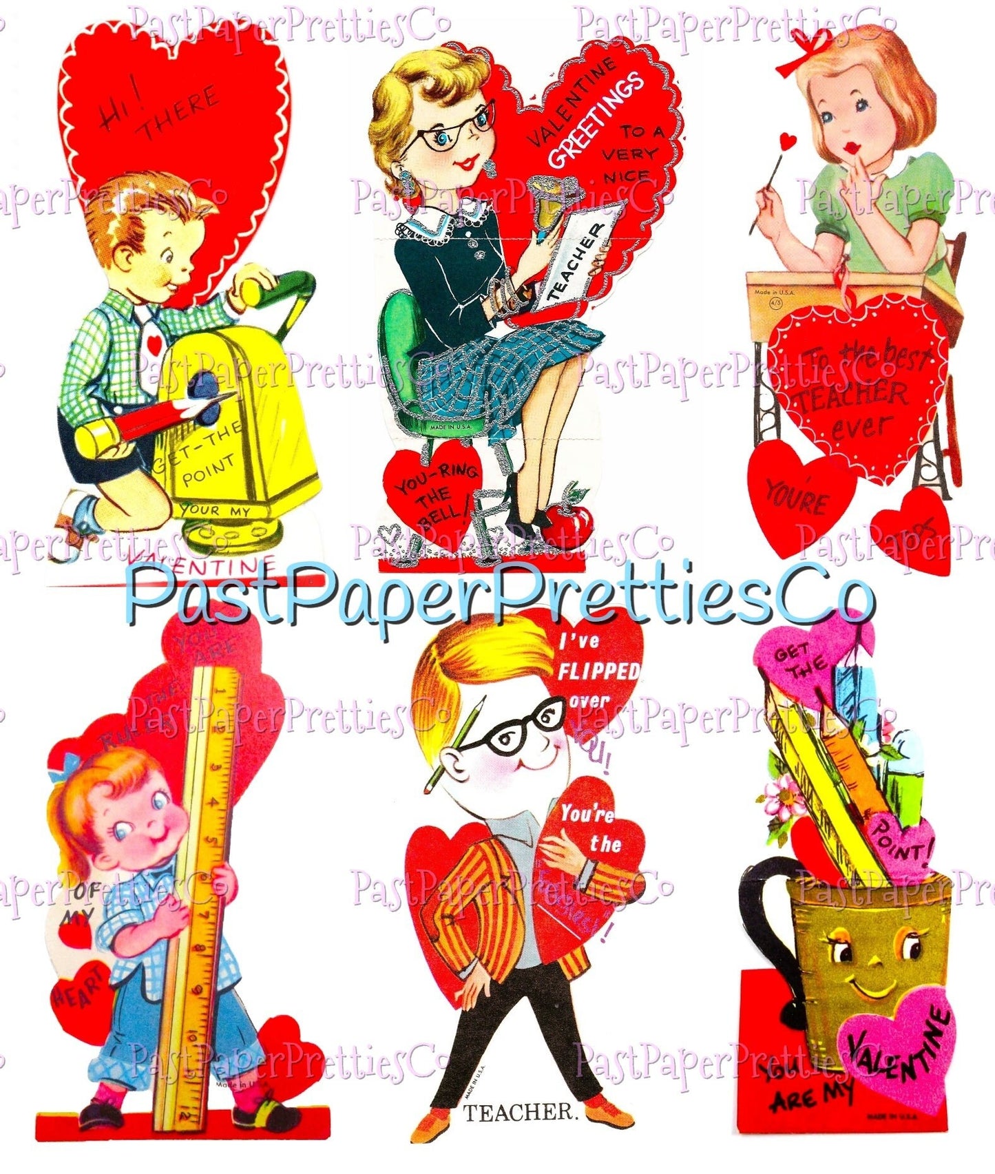 54 Vintage School Classroom Valentines Day Cards Retro Collage Sheets Printable PDF Instant Digital Download Teacher Classmates Themed