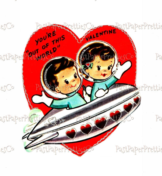 Vintage Printable Valentine Cute Space Kids Card Retro 1960s Spaceship Spacenik Silver Glitter Instant Digital Download Outerspace Clip Art