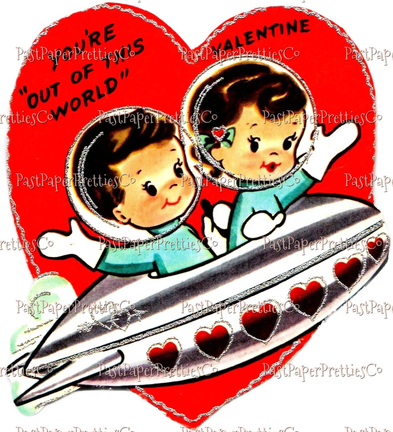 Vintage Printable Valentine Cute Space Kids Card Retro 1960s Spaceship Spacenik Silver Glitter Instant Digital Download Outerspace Clip Art