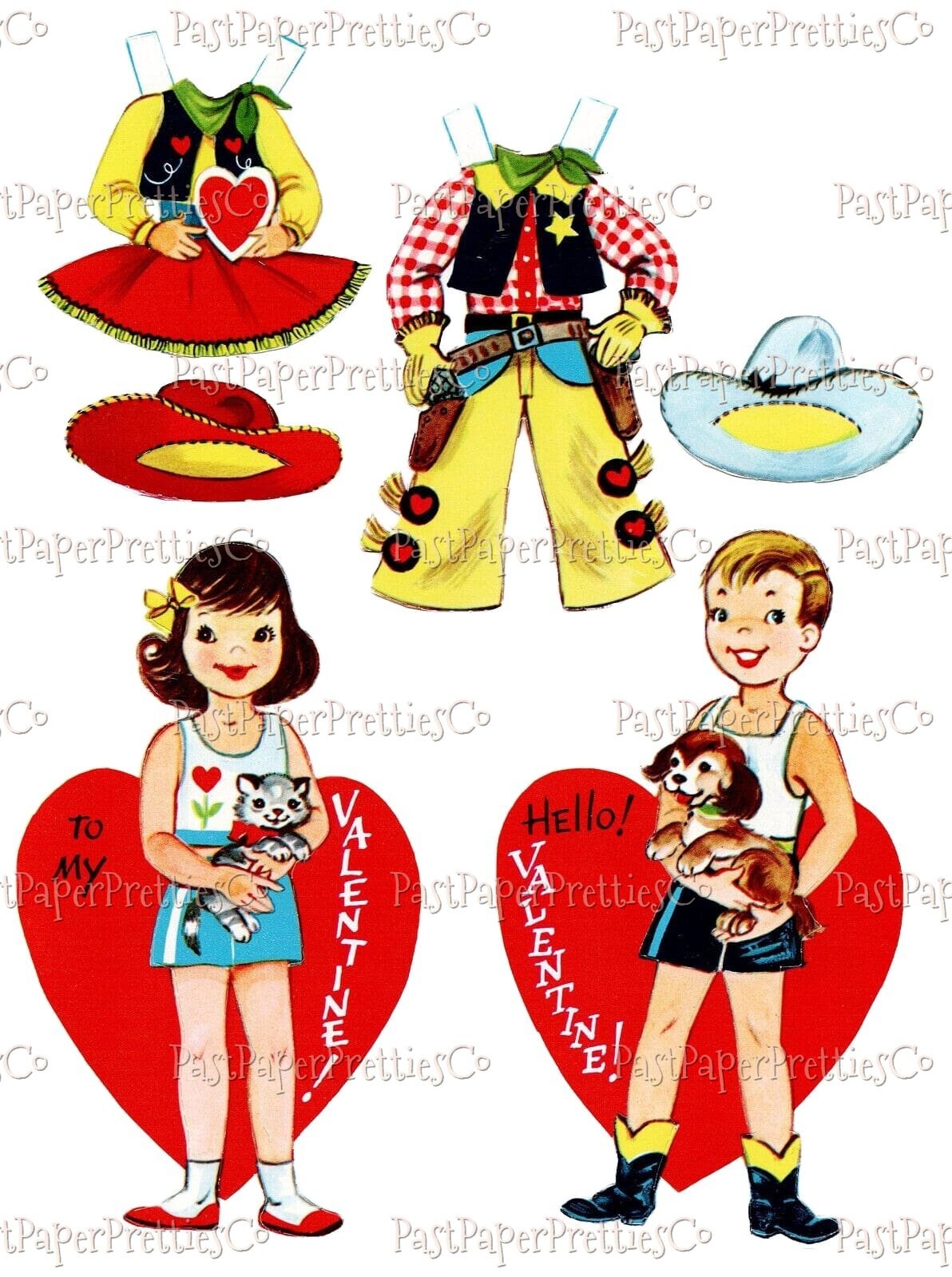 Vintage Retro Paper Doll Style Valentine Cards Cowboy Cowgirl Collage Sheets Printable PDF Instant Digital Download Cute Dress Up Dollys