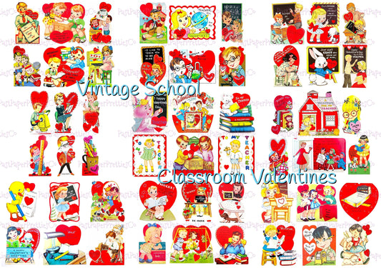 54 Vintage School Classroom Valentines Day Cards Retro Collage Sheets Printable PDF Instant Digital Download Teacher Classmates Themed