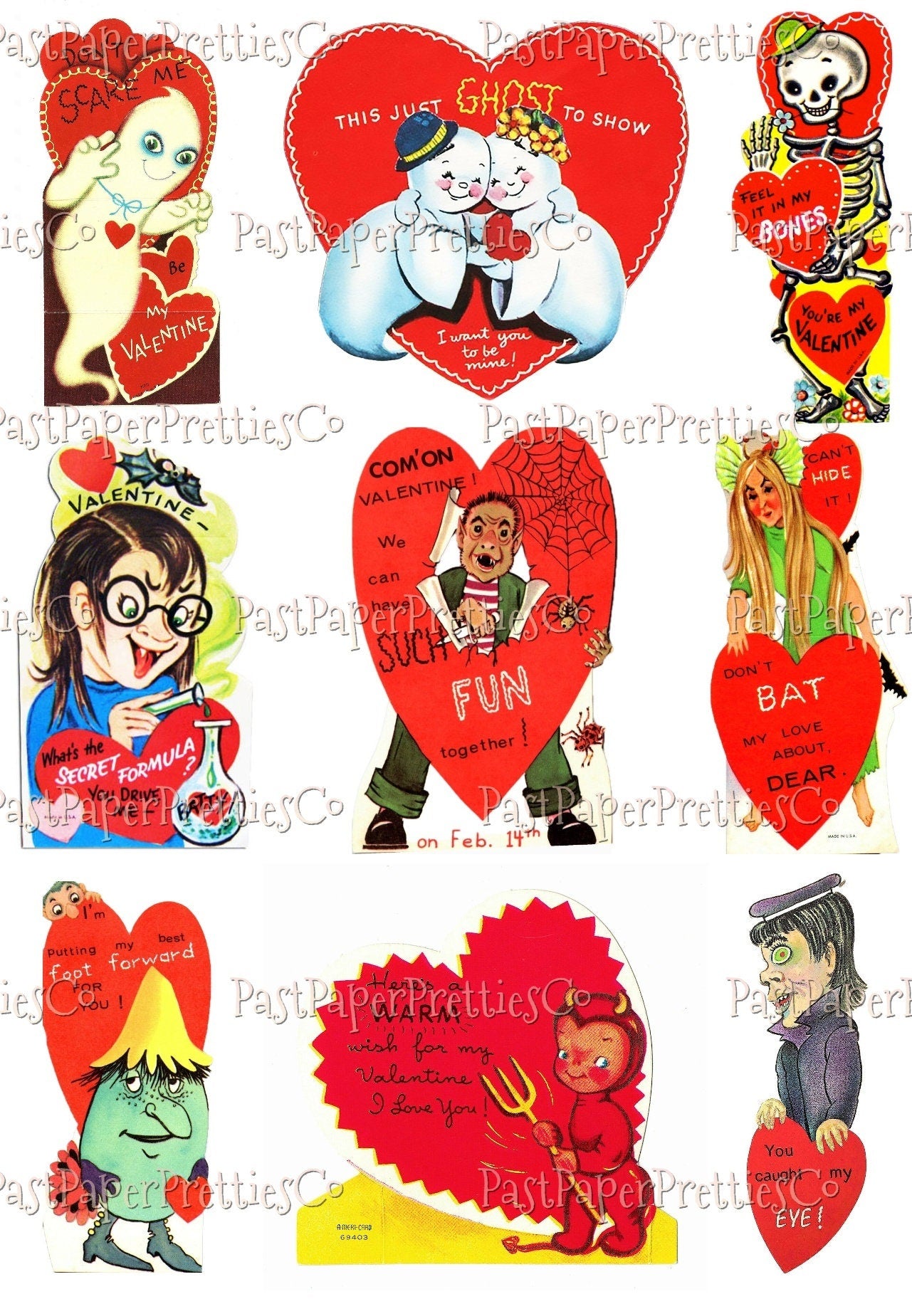 72 Vintage Printable Retro Halloween Valentine Cards Collage Sheets Cute Spooky Images PDF Instant Digital Download ALL Halloween Themed