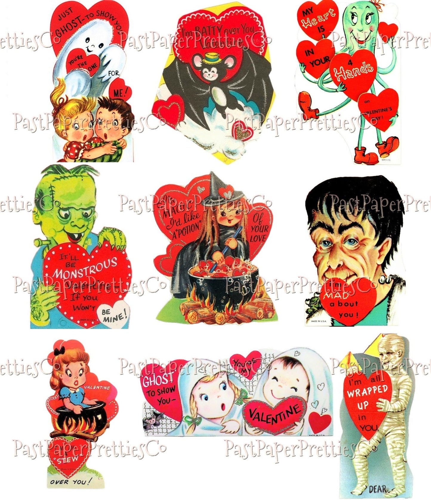 72 Vintage Printable Retro Halloween Valentine Cards Collage Sheets Cute Spooky Images PDF Instant Digital Download ALL Halloween Themed