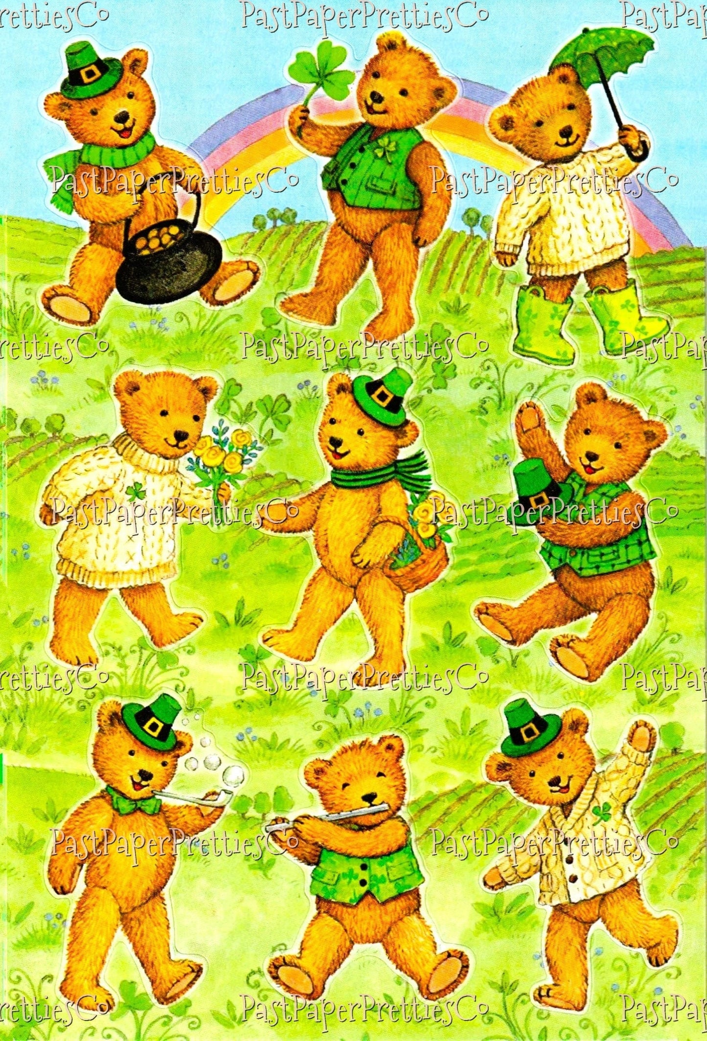 Vintage Printable Retro Sticker Sheet St Patricks Day Teddy Bears PDF Instant Digital Download Animal Decals Seals Collage Clipart