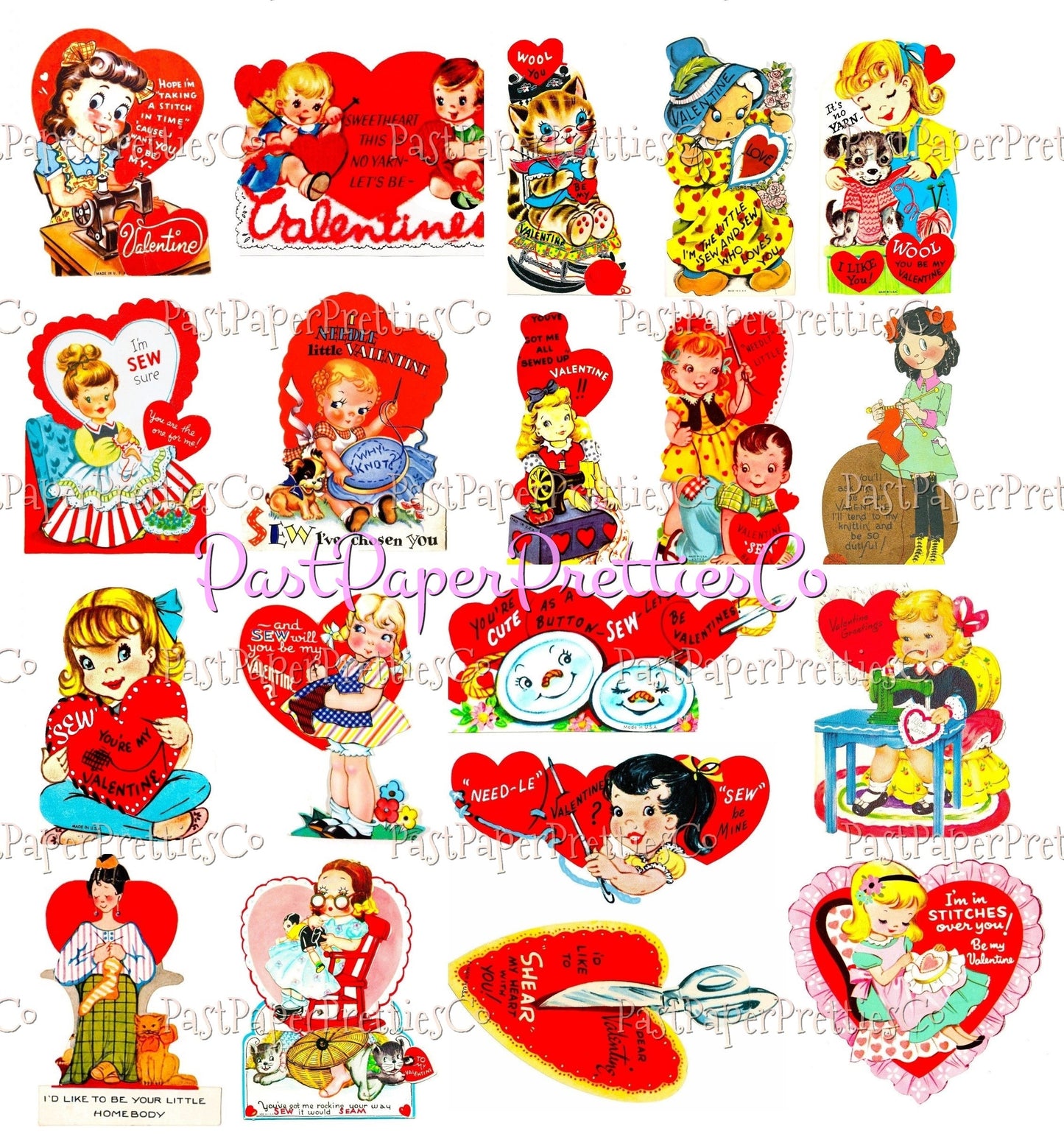 35 Vintage Printable Valentines Day Cards Needlework Cuties Collages PDF Instant Digital Download Knitting Crochet Sewing Quilting Themed