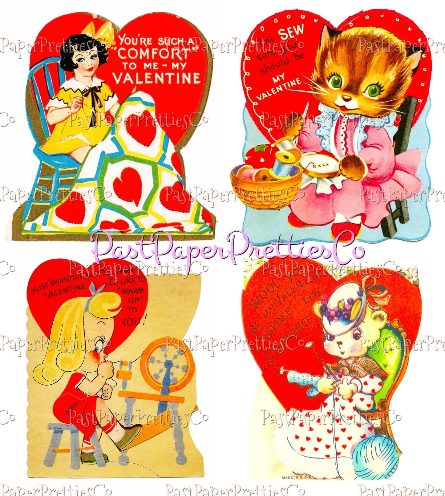 35 Vintage Printable Valentines Day Cards Needlework Cuties Collages PDF Instant Digital Download Knitting Crochet Sewing Quilting Themed