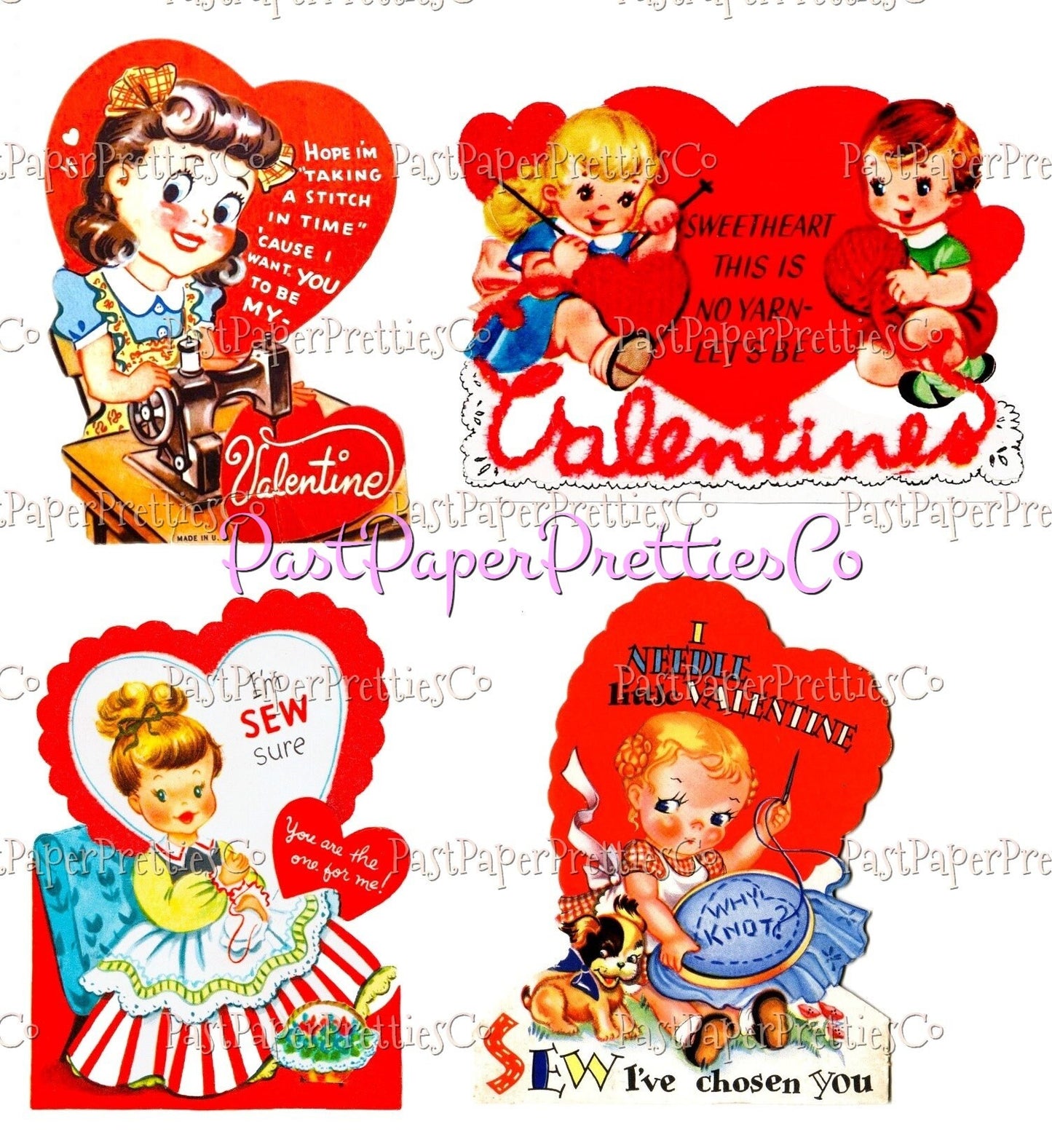 35 Vintage Printable Valentines Day Cards Needlework Cuties Collages PDF Instant Digital Download Knitting Crochet Sewing Quilting Themed