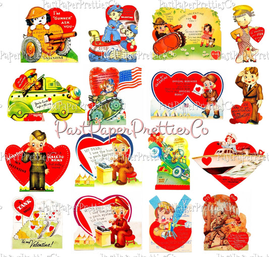 32 Vintage Printable Valentines Day Military Themed Collage Sheets PDF Instant Digital Download Cute Army Navy Marines Men Ladies Clip Art