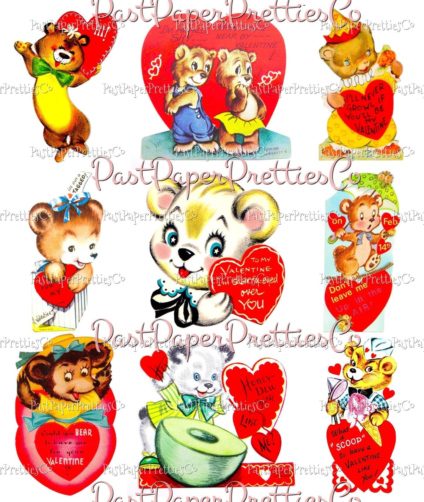 72 Vintage Teddy Bear Valentines Day Cards All Teddies Animal Themed Collage Sheets Printable PDF Instant Digital Download 2 Sizes