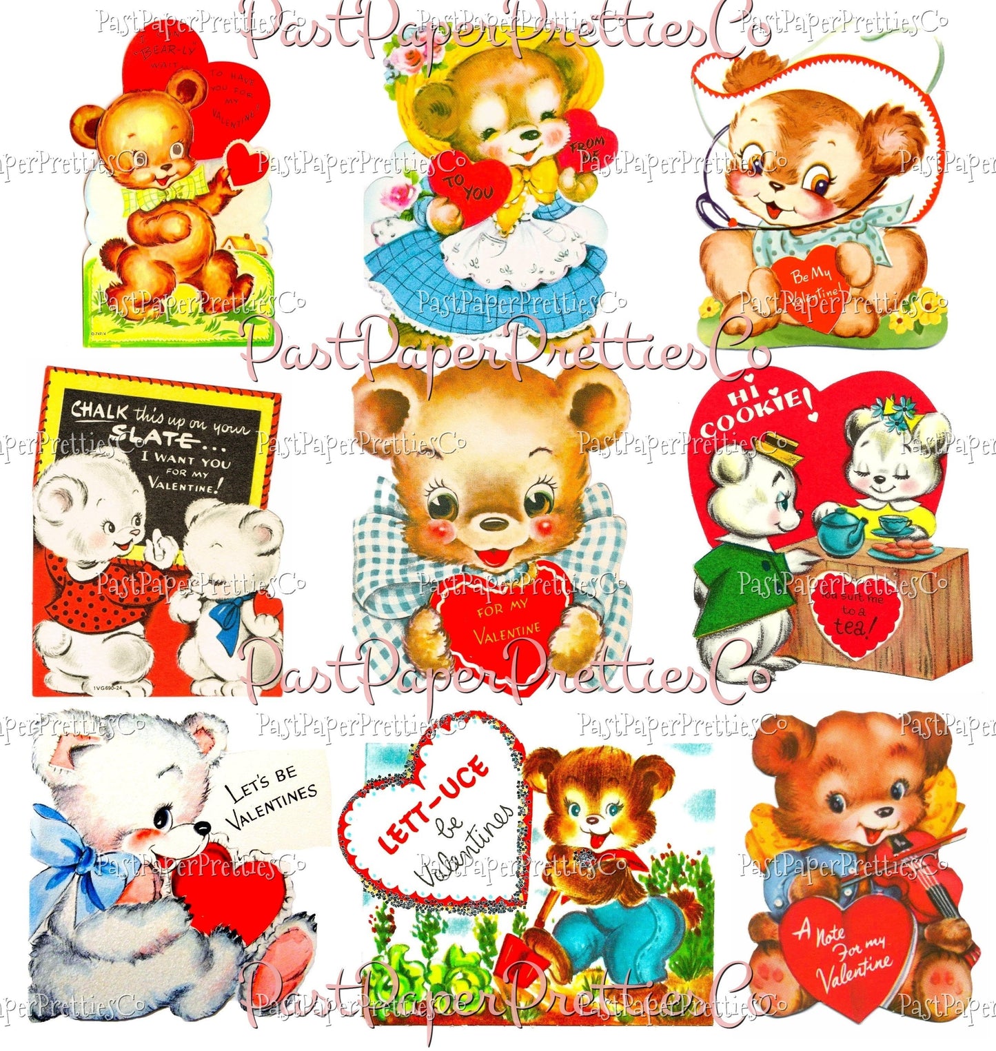 72 Vintage Teddy Bear Valentines Day Cards All Teddies Animal Themed Collage Sheets Printable PDF Instant Digital Download 2 Sizes