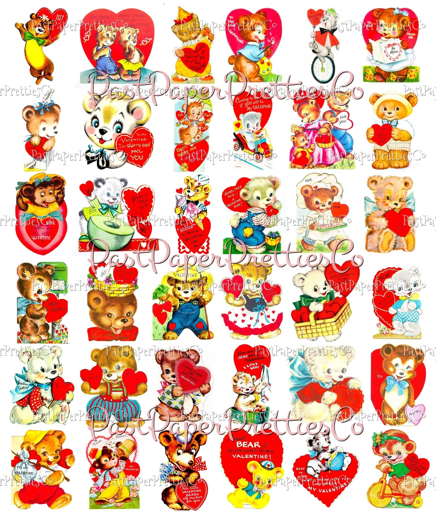 72 Vintage Teddy Bear Valentines Day Cards All Teddies Animal Themed Collage Sheets Printable PDF Instant Digital Download 2 Sizes