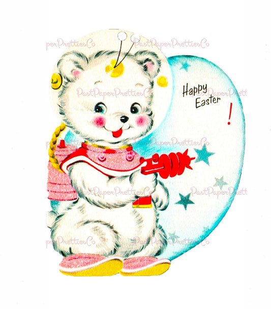 Vintage Happy Easter Space Bear Card Image Astronaut Teddy Printable Instant Digital Download Retro Spacenik Animal Clip Art