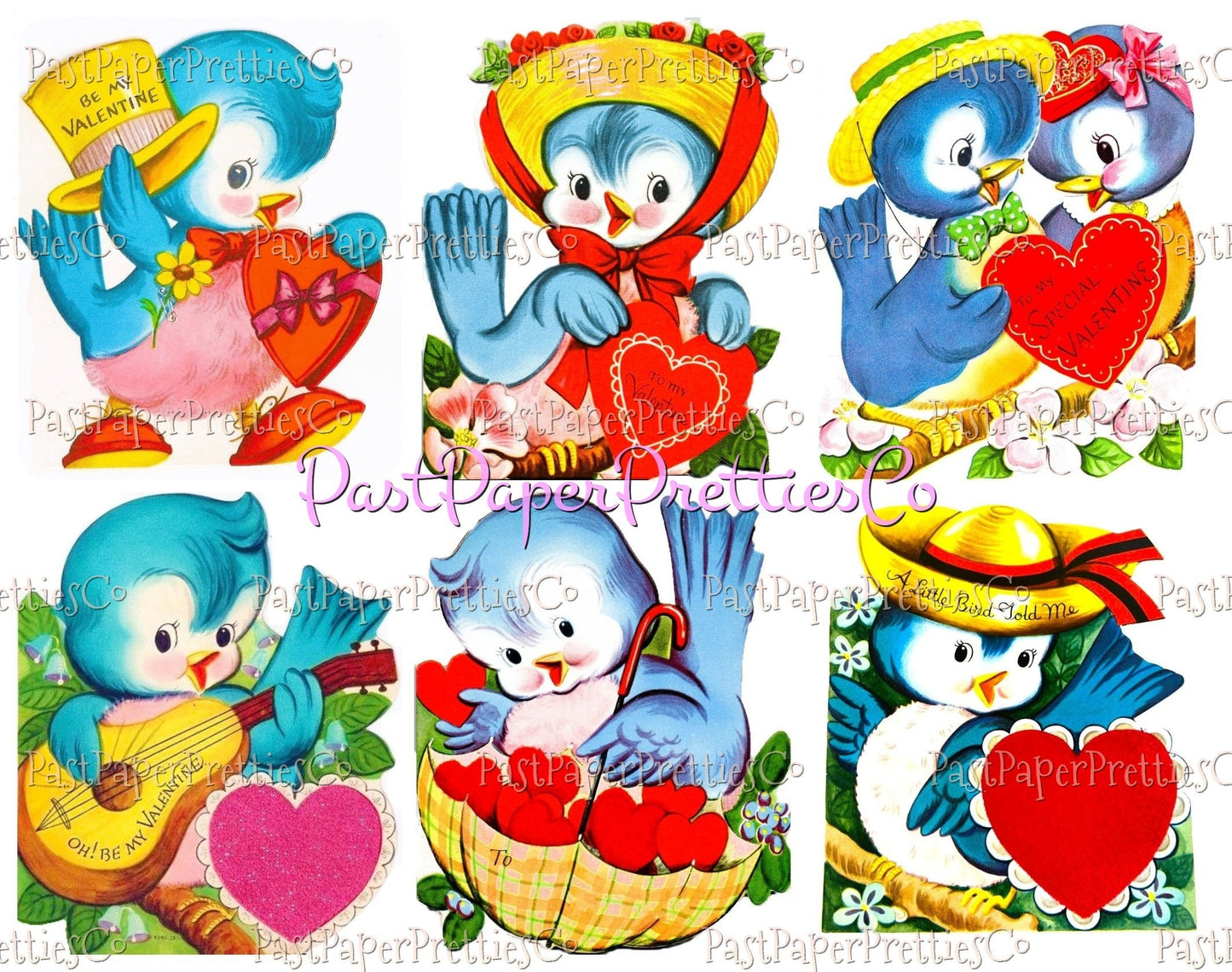 Vintage Pretty Bluebirds Valentines Day Cards ALL Blue Bird Themed Collage Sheets Printable PDF Instant Digital Download Cute Birdie Clipart