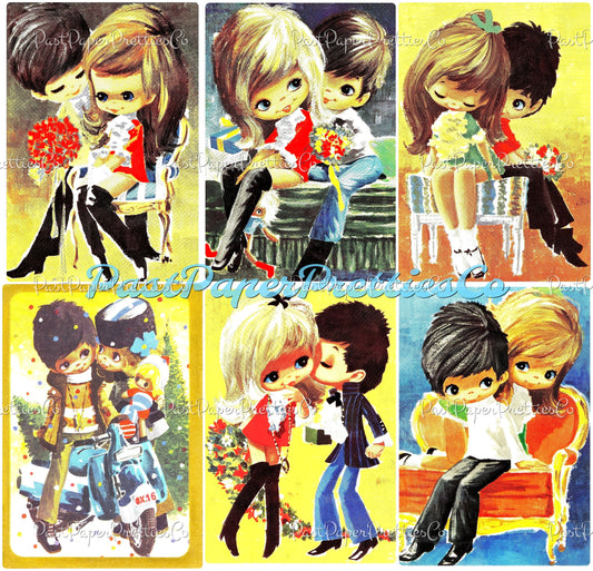 Vintage Big Eyed Mod Couples in Love Retro Swinging Sixties Printable Postcard Images PDF Instant Digital Download Kitsch Groovy Clipart