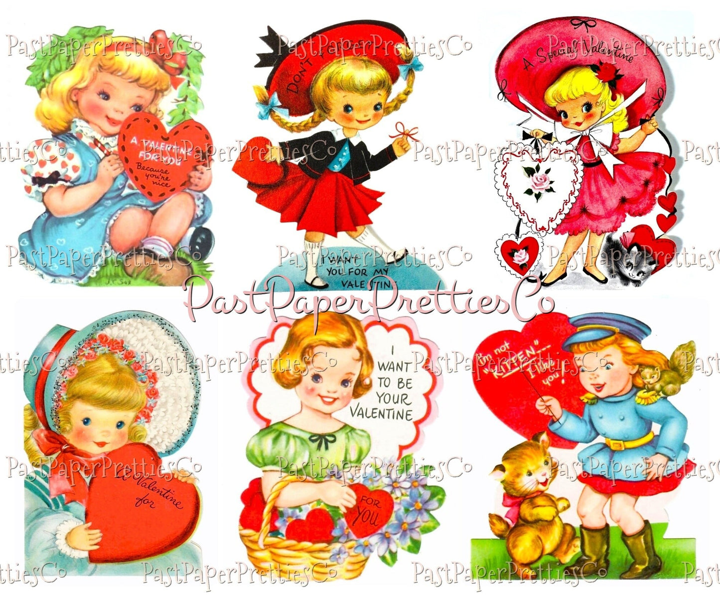 48 Vintage Cute Girly Girls Valentines Day Cards Retro Collage Sheets Printable PDF Instant Digital Download ALL Sweet Little Ladies Clipart