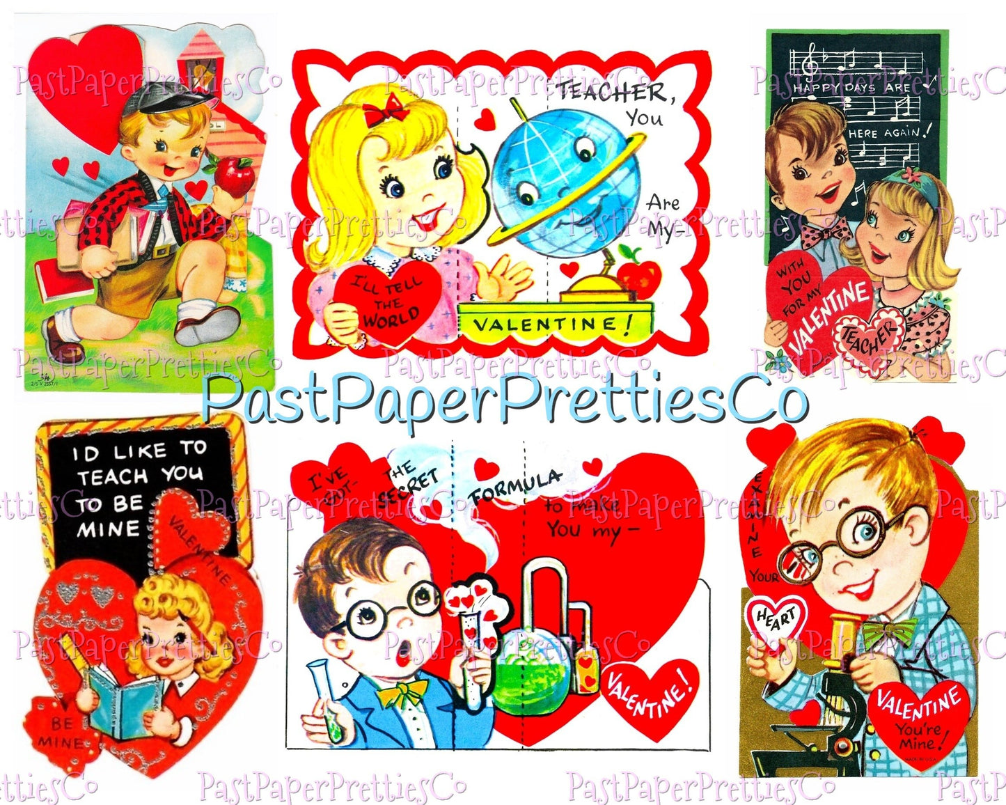 54 Vintage School Classroom Valentines Day Cards Retro Collage Sheets Printable PDF Instant Digital Download Teacher Classmates Themed