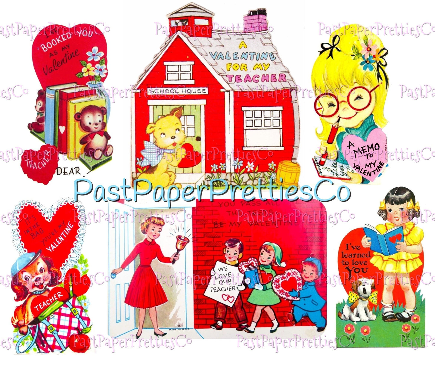 54 Vintage School Classroom Valentines Day Cards Retro Collage Sheets Printable PDF Instant Digital Download Teacher Classmates Themed