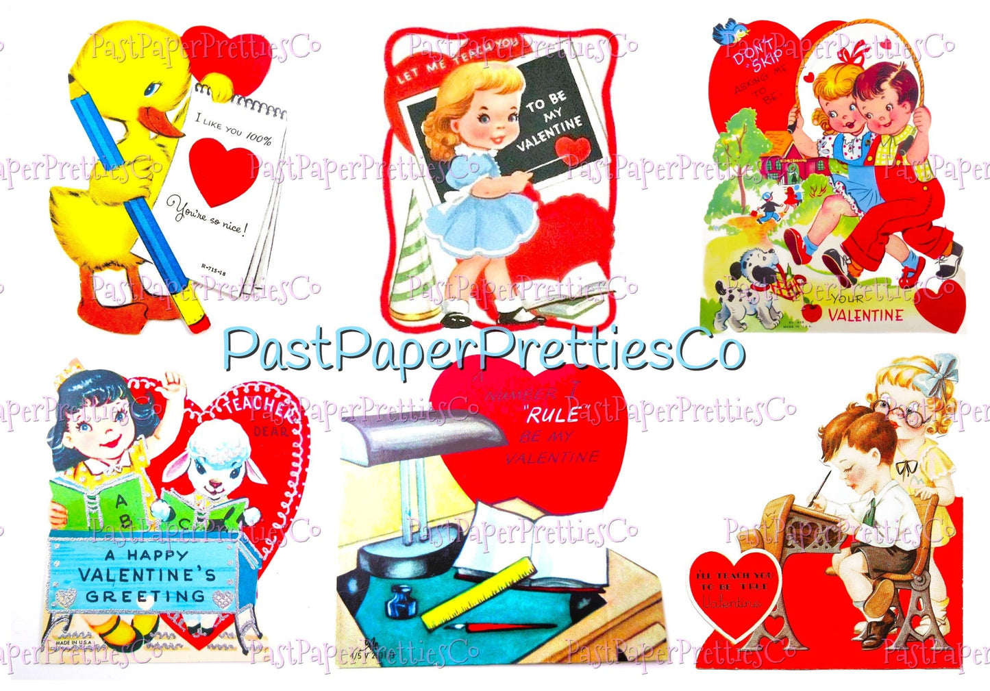 54 Vintage School Classroom Valentines Day Cards Retro Collage Sheets Printable PDF Instant Digital Download Teacher Classmates Themed