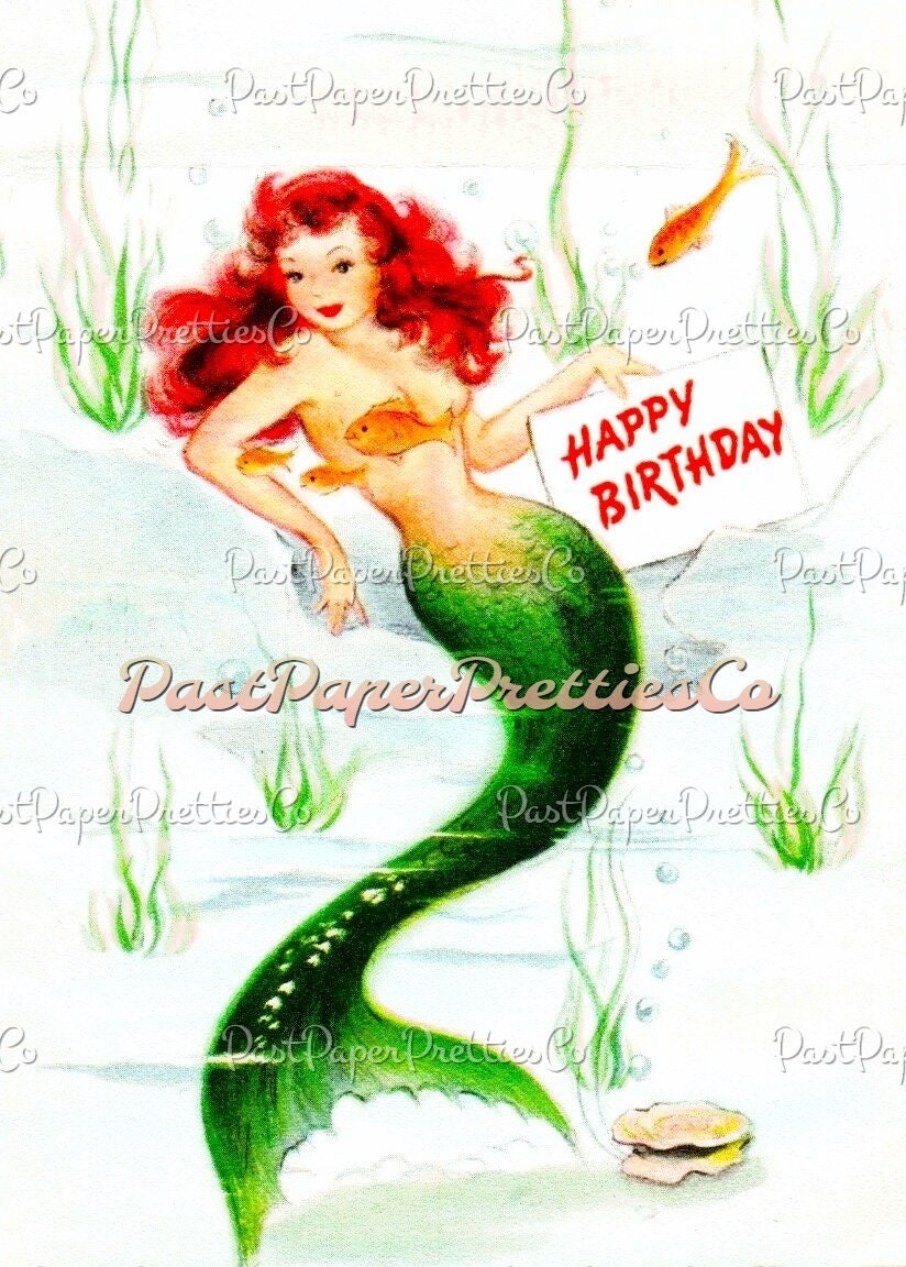 Vintage Mermaid Happy Birthday Printable Card Image Pretty Sea Siren Clipart PDF Instant Digital Download Red Haired Water Nymph Beauty