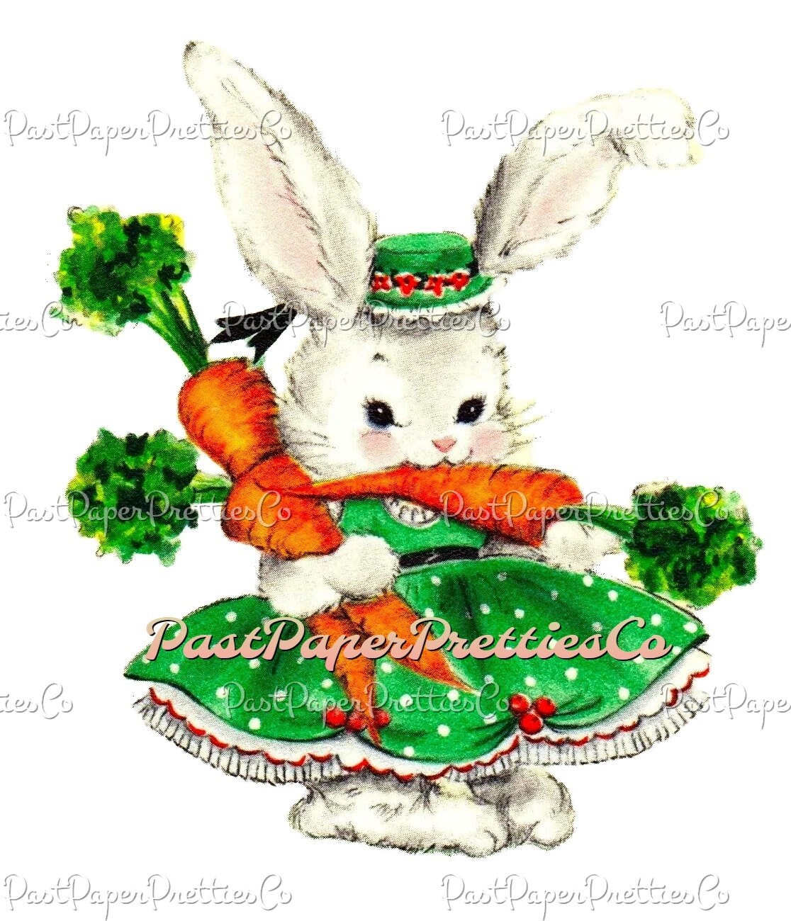 Vintage Printable Sweet Mrs Easter Bunny Rabbit with Carrots Card Two Images PDF Instant Digital Download Retro MCM Animal Clip Art