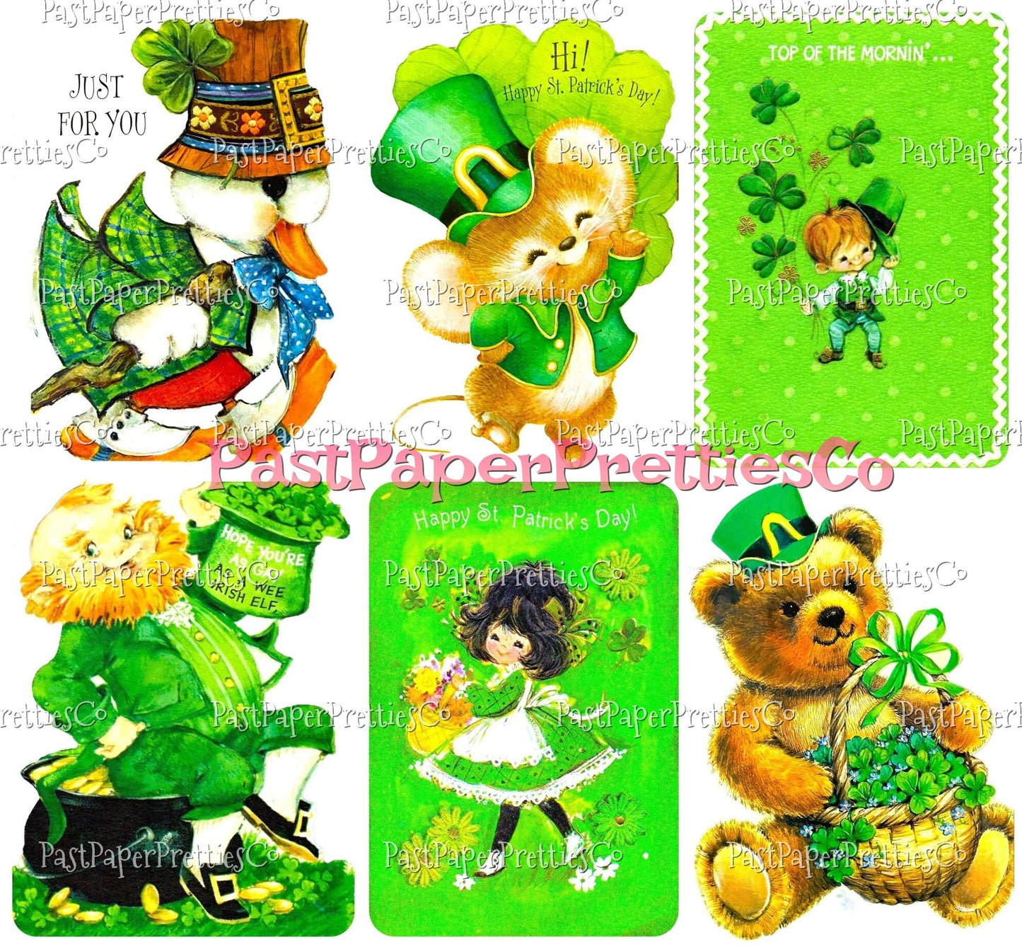 12 Vintage Retro 80s St Patricks Day Card Images All Eighties Children Animals Leprechauns Collages Printable PDF Instant Digital Download