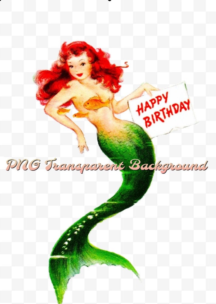 Vintage Mermaid Happy Birthday Printable Card Image Pretty Sea Siren Clipart PDF Instant Digital Download Red Haired Water Nymph Beauty