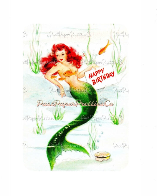 Vintage Mermaid Happy Birthday Printable Card Image Pretty Sea Siren Clipart PDF Instant Digital Download Red Haired Water Nymph Beauty