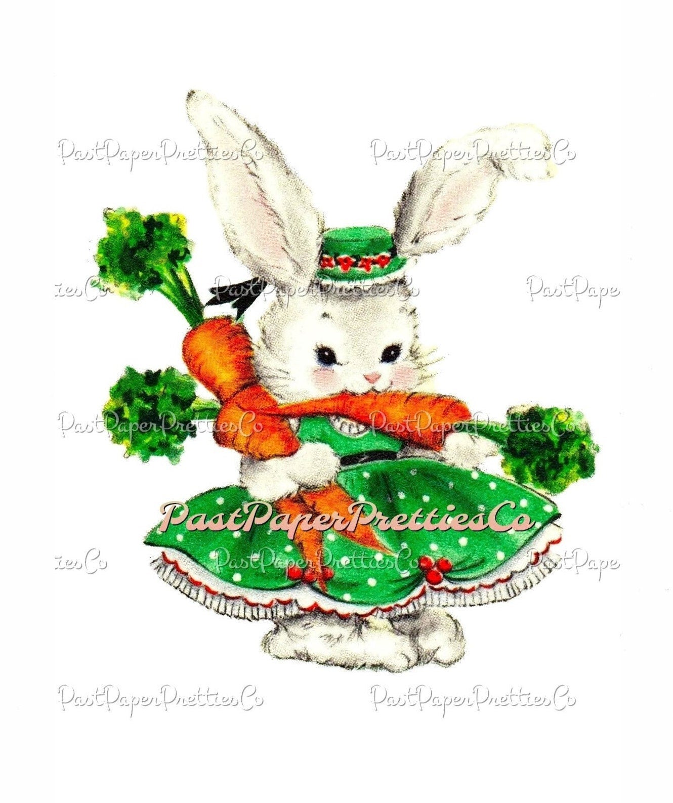 Vintage Printable Sweet Mrs Easter Bunny Rabbit with Carrots Card Two Images PDF Instant Digital Download Retro MCM Animal Clip Art