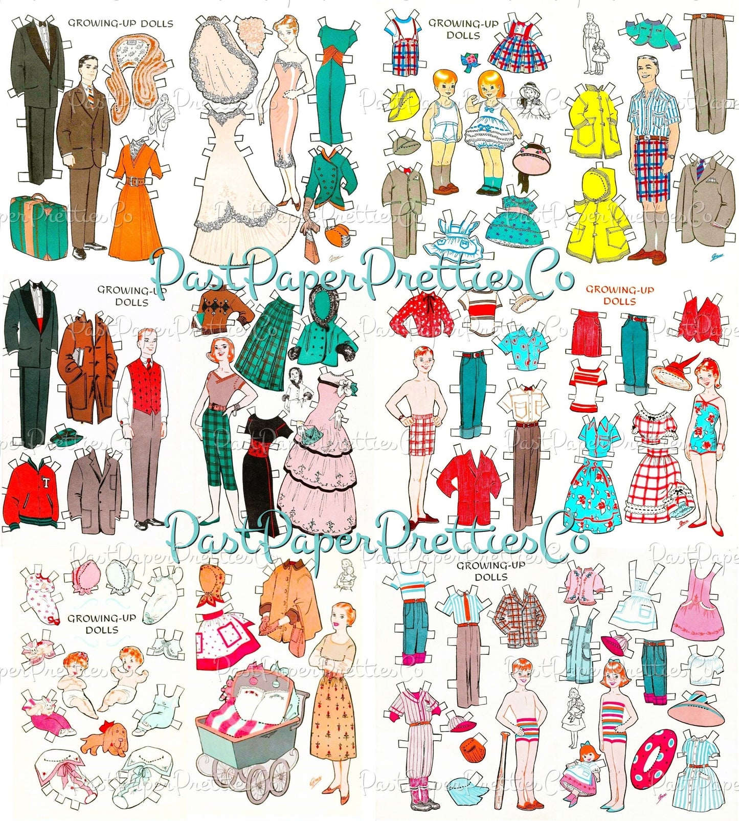 Vintage MCM Family Paper Doll Sets Retro Growing-Up Dolls Printable PDF Instant Digital Download Papercraft Play Sets 2 Sizes