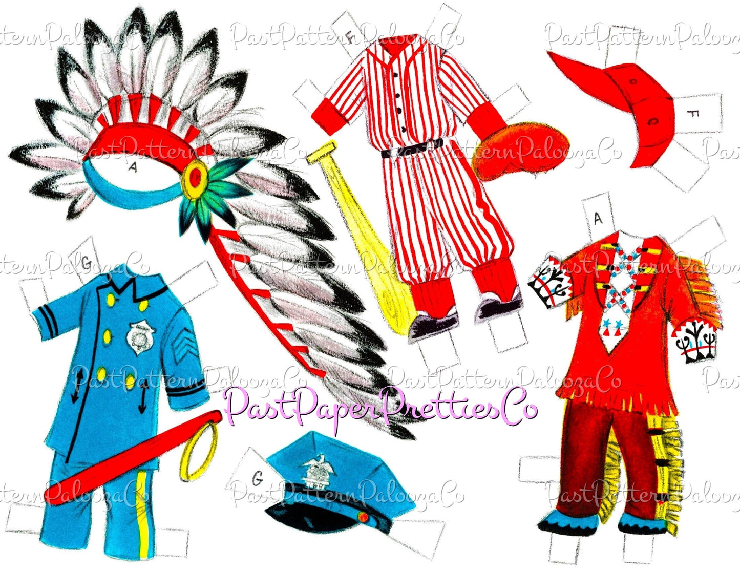 Vintage Paper Dolls Cute Little Boy Playing Dress Up Printable Collage Sheets PDF Instant Digital Download Cowboy Firechief Sports Costumes