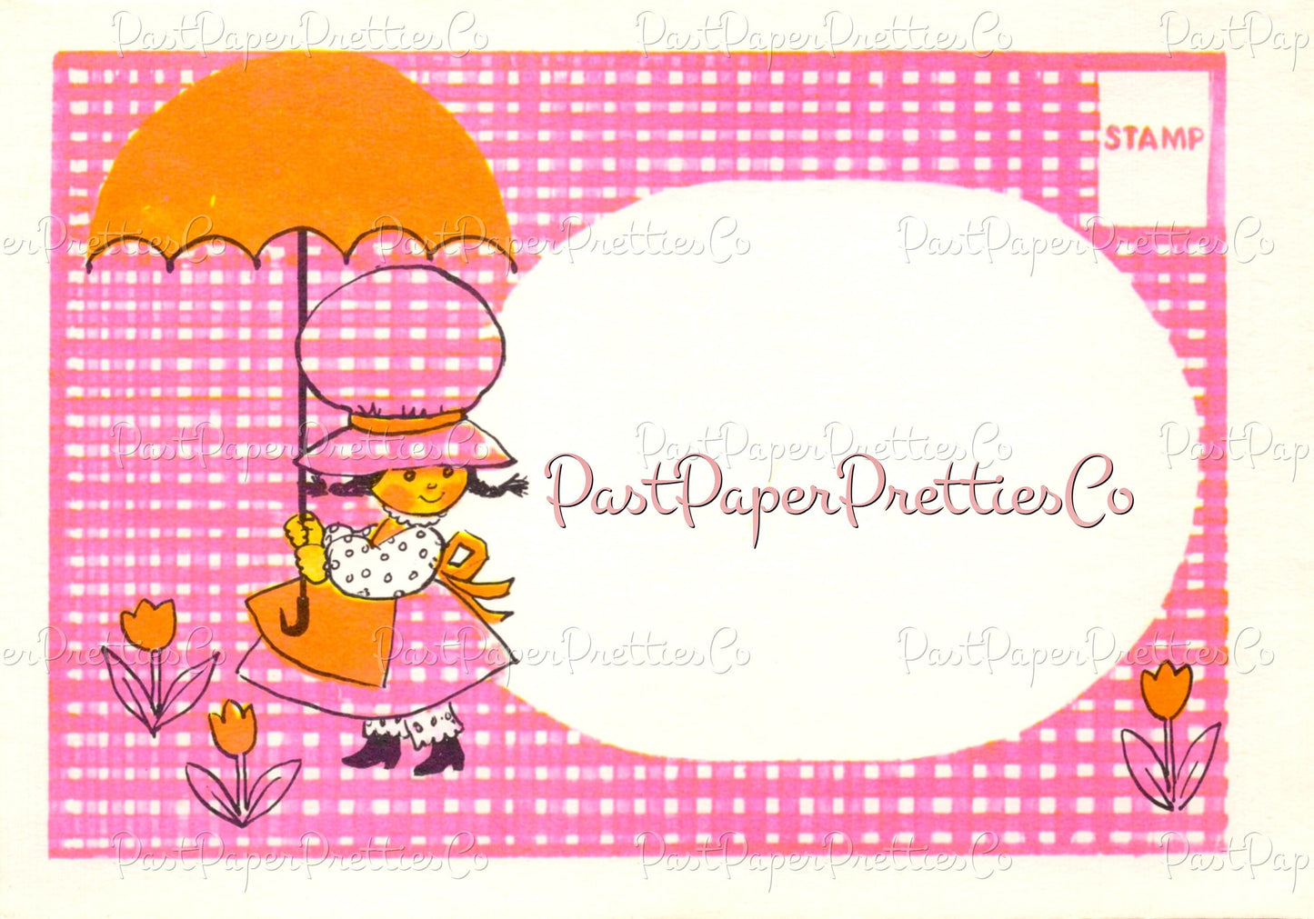 Vintage Cute Little Gingham Umbrella Girl Postcard Image Retro 70s Stationary PDF Instant Digital Download Kawaii Sunbonnet Sue Clipart